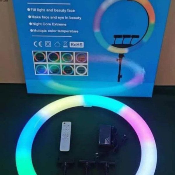 18″ RGB ring light 3 phone holder, remote bag, tripod stand